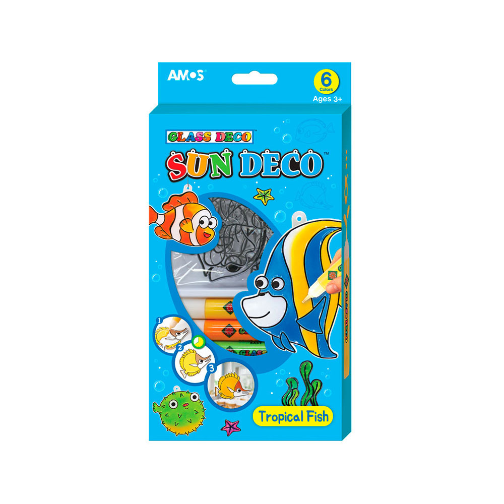 22981 Набор витражных красок с витражами "Тропические рыбки", 6 цв. по10,5 мл, витражи пластик. мини 6 шт.12/48 AMOS 