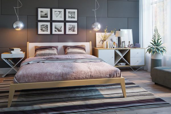 Кровать двуспальная 200х200 см деревянная с белым изголовьем и решеткой Fly BRAGIN DESIGN REPLACE 00-3862357 Бежевый  - Вид №1