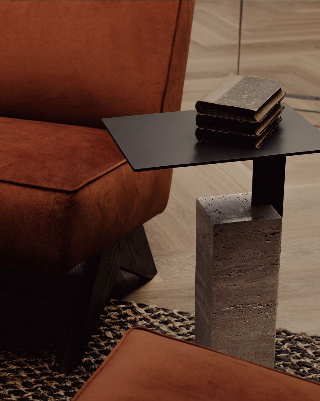 Журнальный столик с травертиновым основанием и металлической столешницей YET. Design Studio MONO ARCH-00029357 - Вид №4