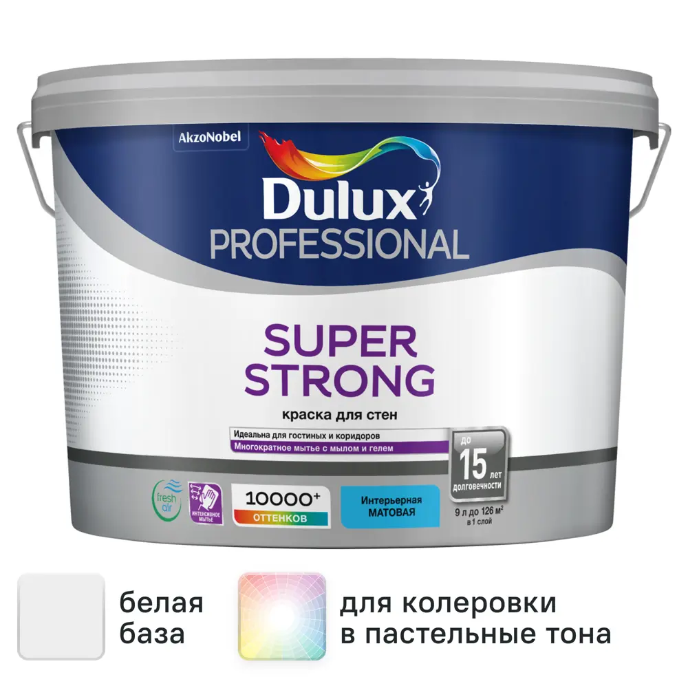 Краска для стен и потолков Dulux Super Strong моющаяся матовая цвет белый база BW 9 л 85060853 STLM-2062511 