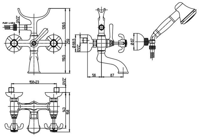 Paini Ornellaia 87CR105 смеситель для ванны с аксессуаром  - Вид №2