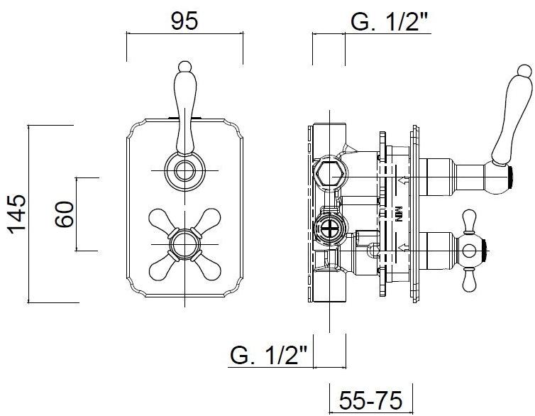 Rubinetteria Giulini Термостатический смеситель для душа на 3 отверстия с тарелкой Classic revolution - praga F8283-prce - Вид №1