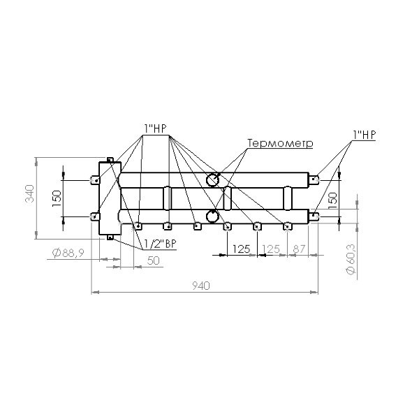 Купить Распределительный коллектор с гидрострелкой 60 кВт, 3+1 контур Прокситерм GSK2531 - Вид №8