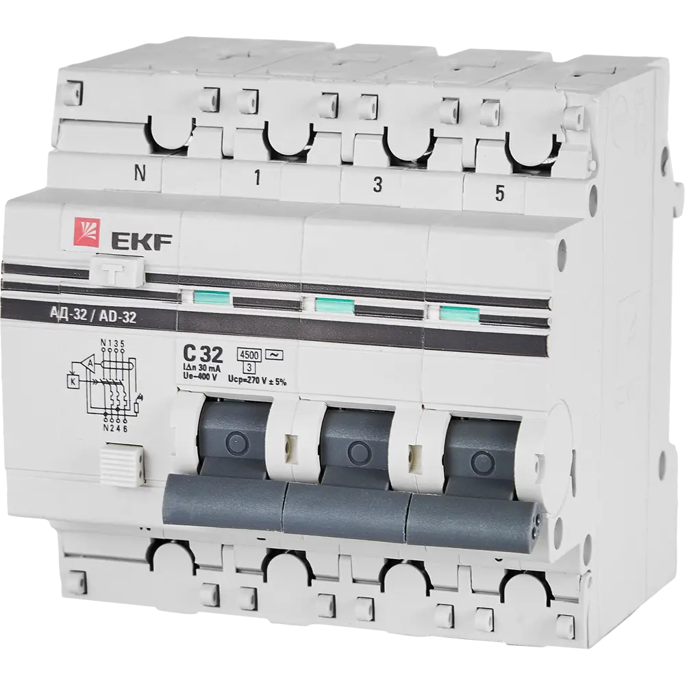 Дифференциальный автомат EKF АД-32 3P N C32 А 30 мА 4.5 кА АС 82421574 STLM-2093807 