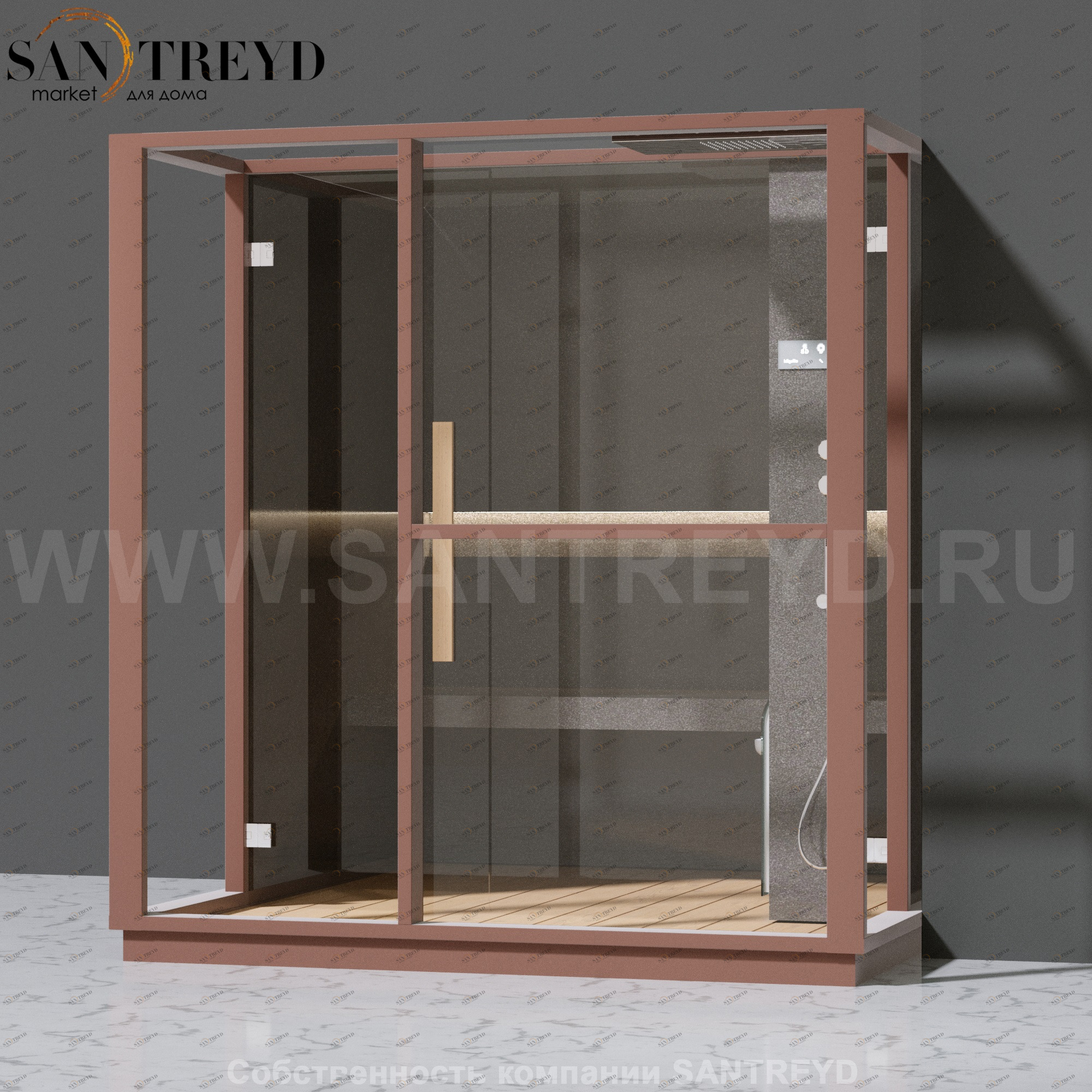 Effegibi LOGICA H LO30030015 Хаммам. Установка: в правый  полуугол. Правая дверь. Мощность: 4,5 кВт макс. Размеры: длина 214 см, ширина 250 см. Отделка: матовый лакированный коричневый аллюминий и темный ламинат из керамогранита.