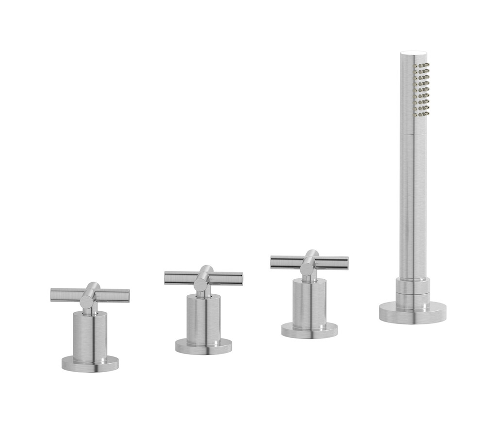 Смеситель на бортик ванной на 4 отверстия с изливом, дивертером и душевым гарнитуром. WE ARE IB wo396np Brushed Nickel WOW