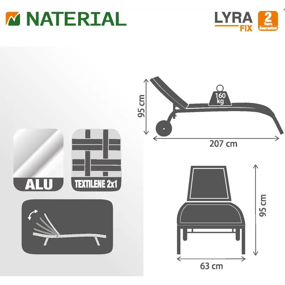 Шезлонг с колесами Naterial Lyra 207х63 см алюминий/ текстиль светло-серый STLM-2149023 - Вид №7