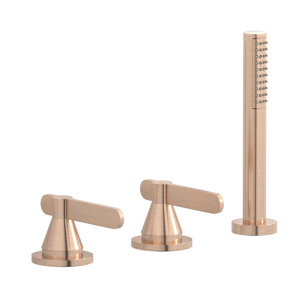 Смеситель на бортик ванной на 3 отверстия с изливом, дивертером и душевым гарнитуром. WE ARE IB oh310on Brushed Rose Gold Soho