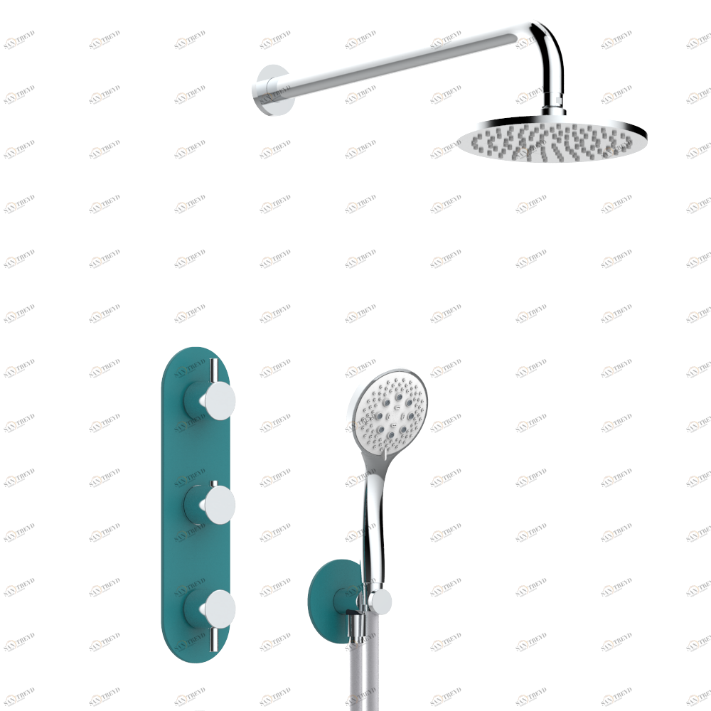 D6A-5400DMBL Встраиваемый термостатический смеситель в комплекте с выходом из стены, алюминиевым шлангом, ручным душем, держателем 450 мм и лейкой с системой Easyclean Ø 200 мм — панели матового синего цвета Thg-paris Smith Хром D6A 5400DMBL  A02 CAT.A