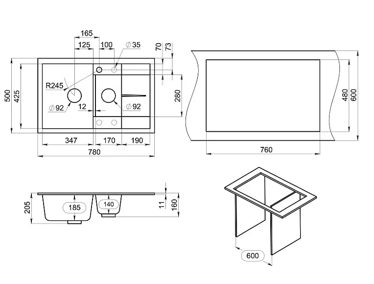 7802, БАЗАЛЬТ, кухонная мойка, кварц GRANULA 7802-ST239 - Вид №3