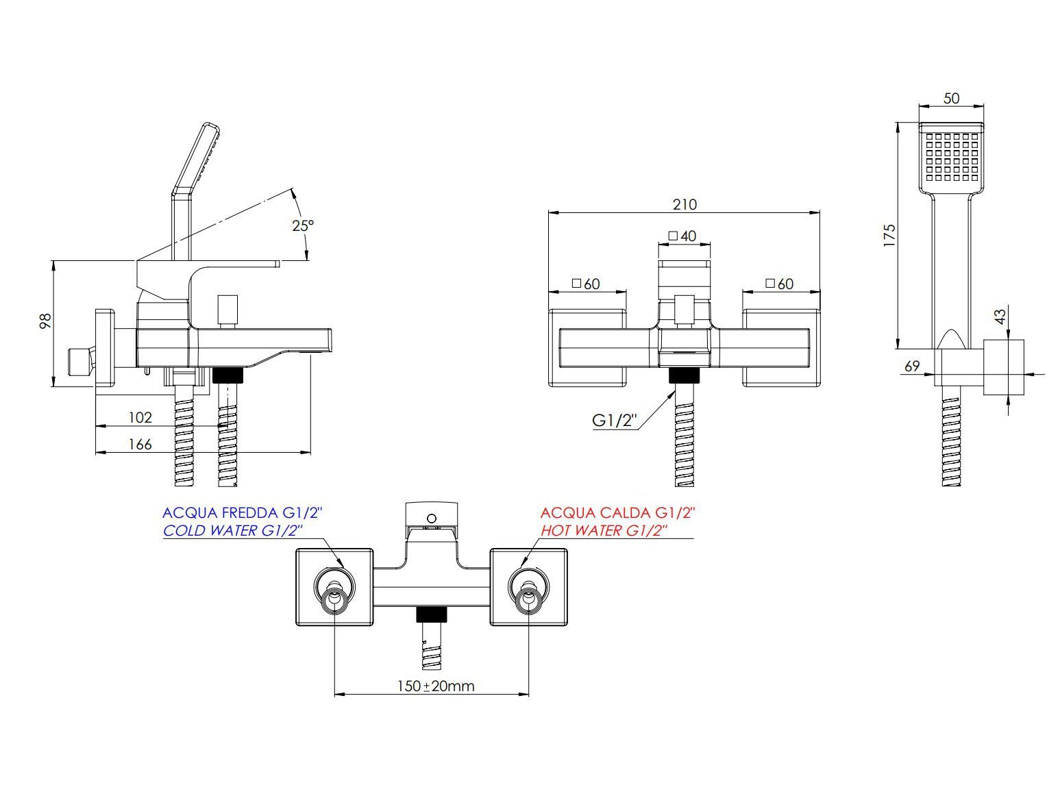 Однорычажный внешний смеситель для ванны с ручным душем Rubinetterie Mariani Rebel ARCH-00130485 - Вид №2