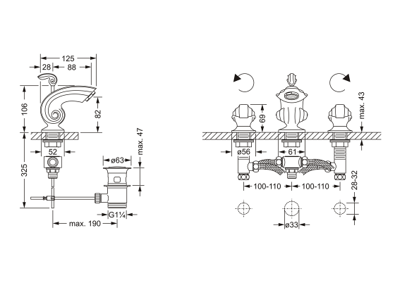 Смеситель для маленькой раковины , на три отверстия ½" JOERGER Muschel 601.30.200.000 - Вид №1