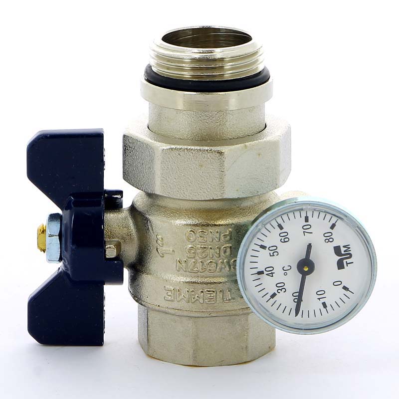 Кран шаровой НВ с разъемным соединением с термометром для коллектора TIEMME 1" бабочка синяя 2120042