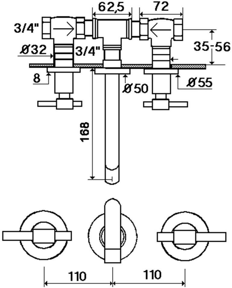 rvb Смеситель для умывальника настенный на 3 отверстия Dynamic 4027.11.50 - Вид №1