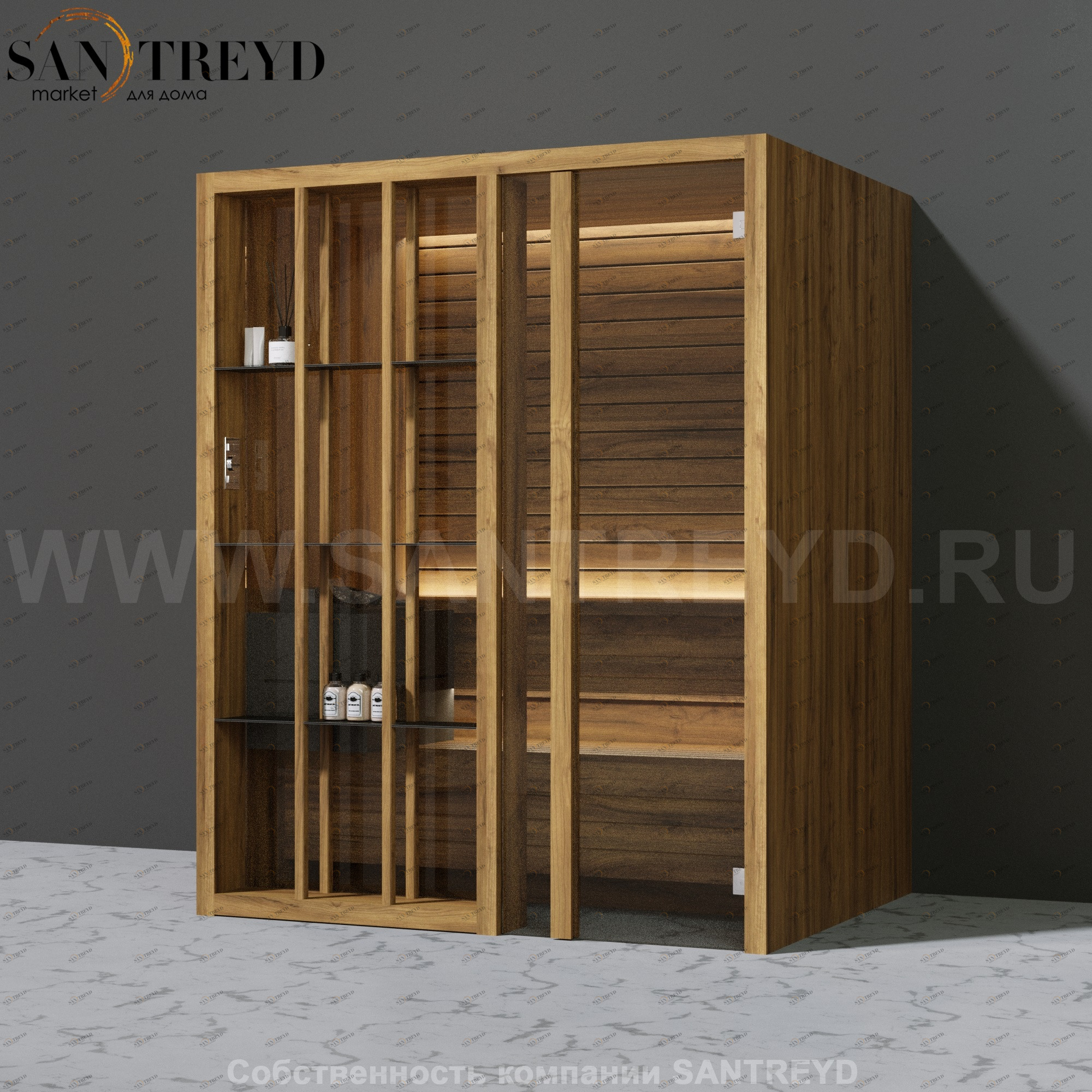 Effegibi YOKU.S45 SA.70100023 Сауна с правой дверью. Мощность: 4,5 кВт макс. Размеры: длина 174 см, ширина 132 см. Отделка: термообработанное дерево SA70100023