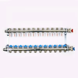 Коллекторная группа из нержавеющей стали с термостатическими вентилями и расходомерами REHAU 1"x3/4"ЕК 12 выходов