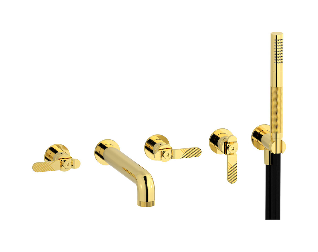 Настенный смеситель для ванной на 5 отверстий с дивертером и душевым гарнитуром. WE ARE IB b2398oo Gold Bold