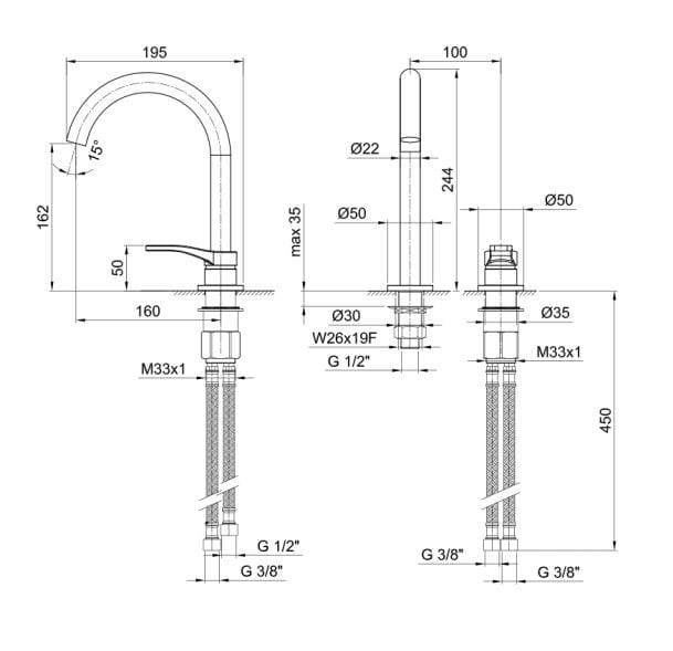Смеситель для раковины с 2 отверстиями ABOUTWATER AL/23 ARCH-00099218 - Вид №2
