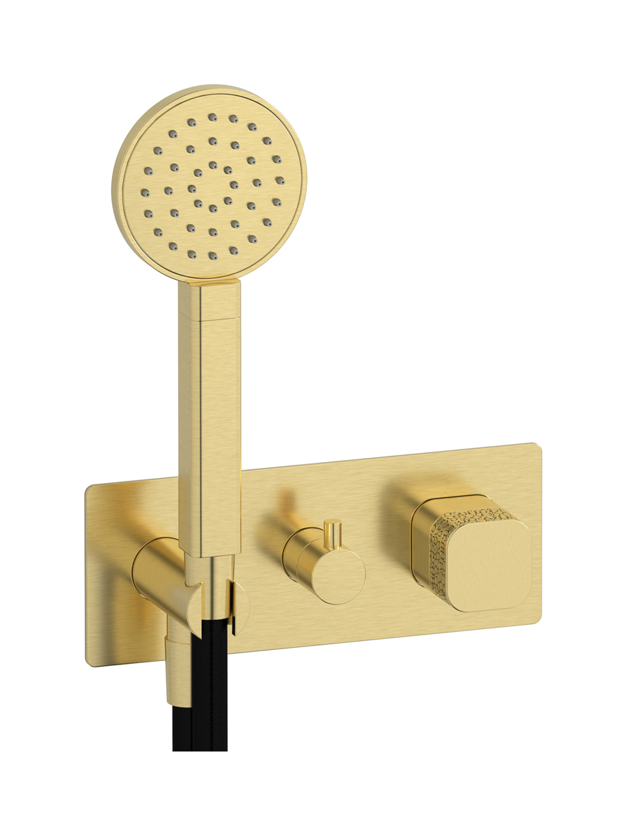 Прогрессивный настенный смеситель для душа на 2 потребителя со встроенным душевым гарнитуром. WE ARE IB eo313is_2 Brushed Pale Gold Elio