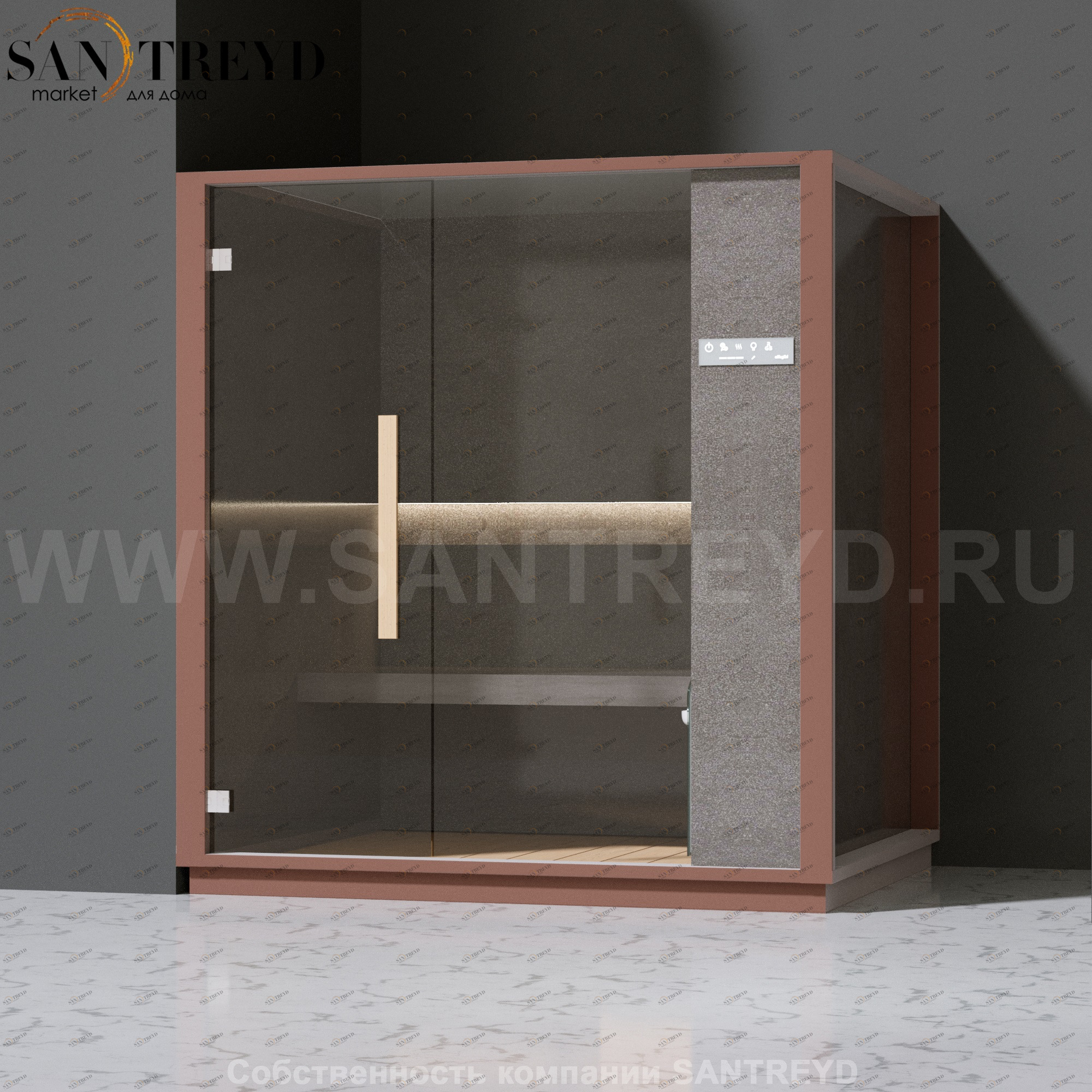 Effegibi ONE H LO60030005 Хаммам. Установка: в левый угол. Правая дверь. Мощность: 4,5 кВт макс. Размеры: длина 214 см, ширина 171 см. Отделка: матовый лакированный коричневый аллюминий и темный ламинат из керамогранита.