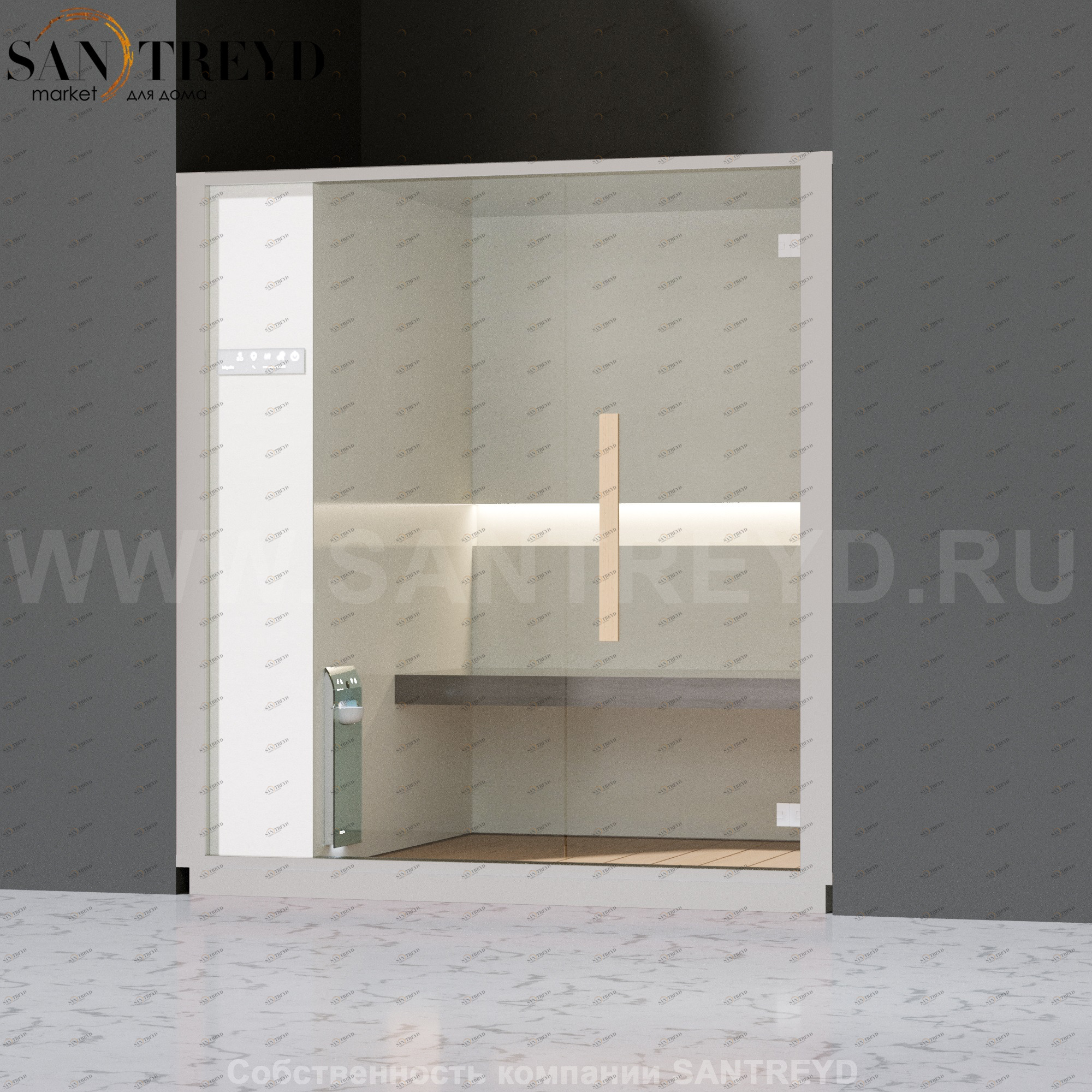 Effegibi ONE H LO60020010 Хаммам. Установка: в нишу. Левая дверь. Мощность: 4,5 кВт макс. Размеры: длина 214 см, ширина 171 см. Отделка: матовый лакированный белый аллюминий и серый ламинат из керамогранита.