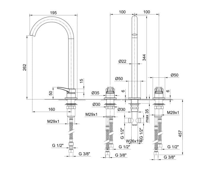Смеситель для раковины с 3 отверстиями ABOUTWATER AL/23 ARCH-00030596 - Вид №4