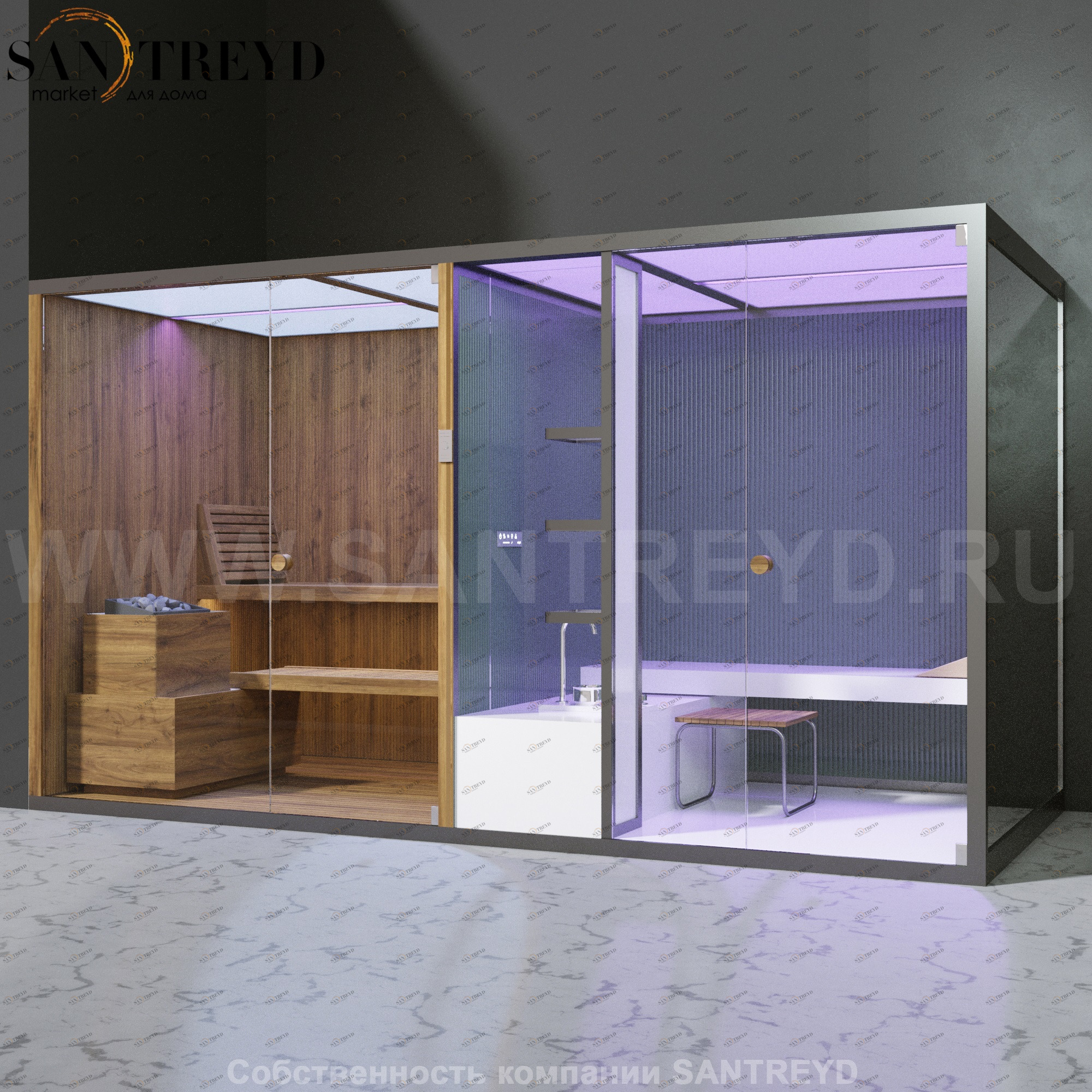 Effegibi BODYLOVE SH BL40240005 Фронтальная комбинированная баня: хаммам и сауна. Установка: в левый угол. Мощность: 15 кВт макс. Размеры: длина 393 см, ширина 176 см. Отделка: термообработанная древесина, трубчатое стекло и зеркало.