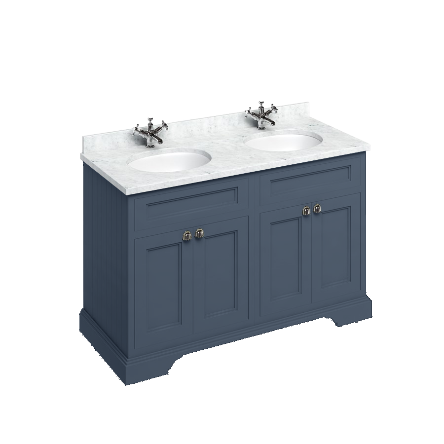 Burlington Отдельностоящий блок 130 со столешницей, дверцами и 2 встроенными белыми раковинами Carrara White Мэтт Уайт FC9W_BC12  - Вид №4