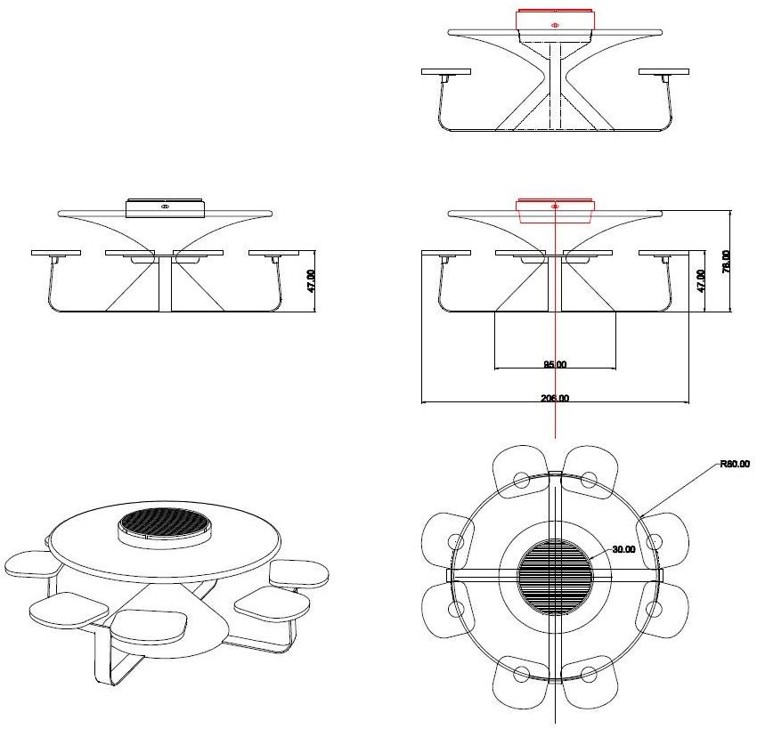 Manufatti Viscio Круглый стол для общественных мест со встроенными стульями sun-id-1465248 - Вид №4