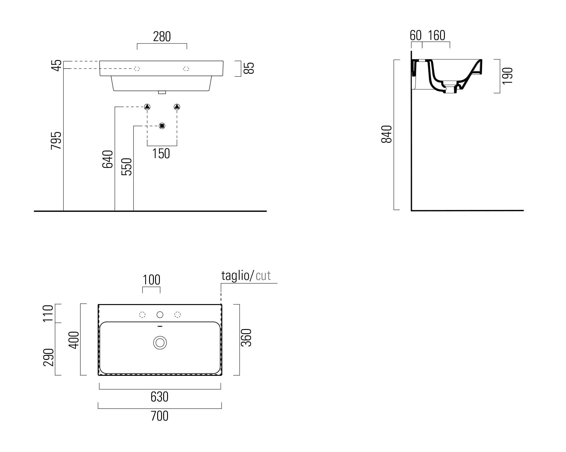 Керамическая прямоугольная подвесная раковина с держателем для полотенец GSI ceramica Nubes ARCH-00151425 - Вид №4