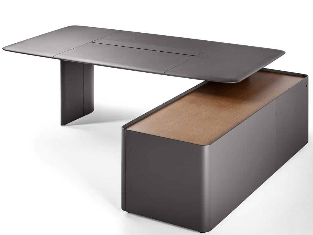 Прямоугольный кожаный исполнительный стол со встроенной полкой Poltrona Frau офис-системы управления ARCH-00024678