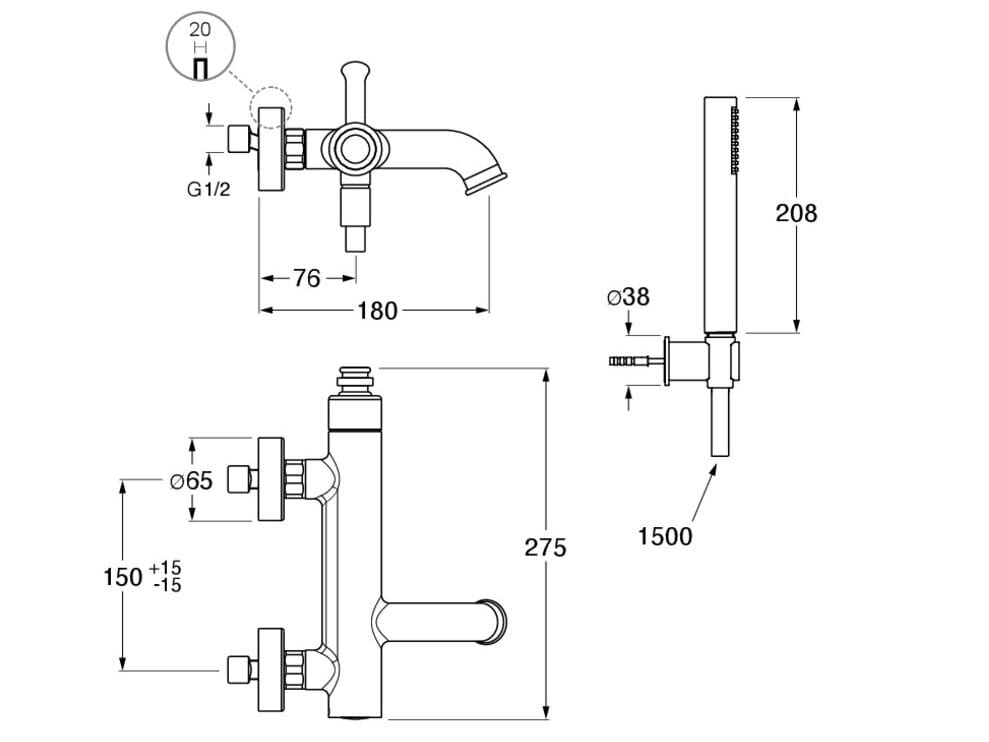 Настенный смеситель для ванны с ручным душем CRISTINA Rubinetterie Маяк ARCH-00001110 - Вид №1