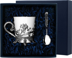 10651827 Аргента (Россия) Набор чашка чайная "Цветочная"+ложка (2пр) Серебро 925