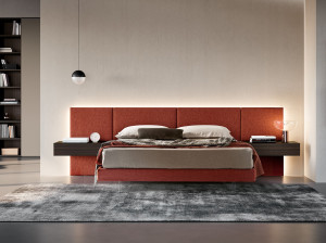 Двуспальная кровать из ткани с мягким изголовьем