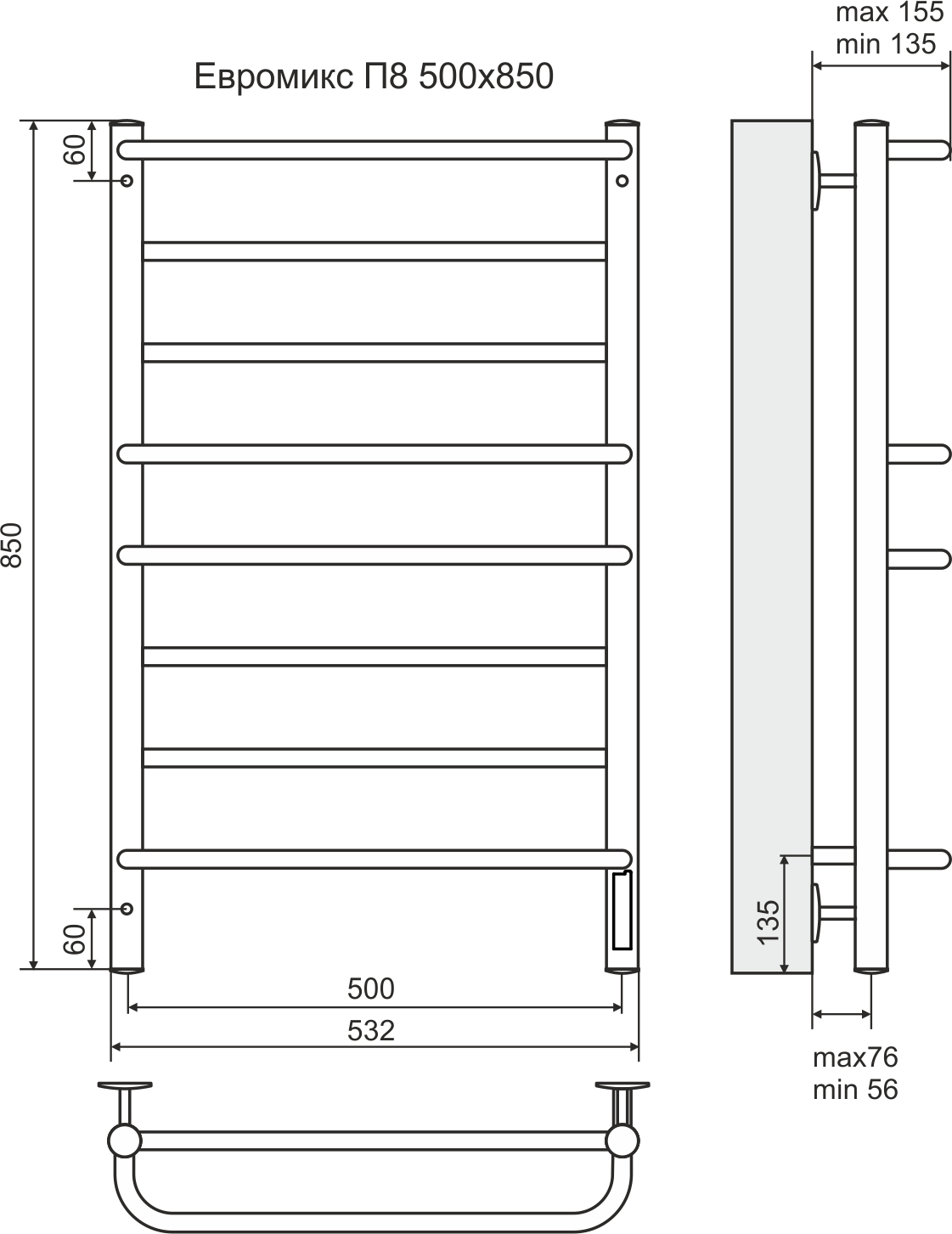 4660059580180 ЭЛЕКТРИКА Евромикс П8 500х850 электро ( new встроен диммер) Полотенцесушитель TERMINUS RAL 9003 матовый  - Вид №2