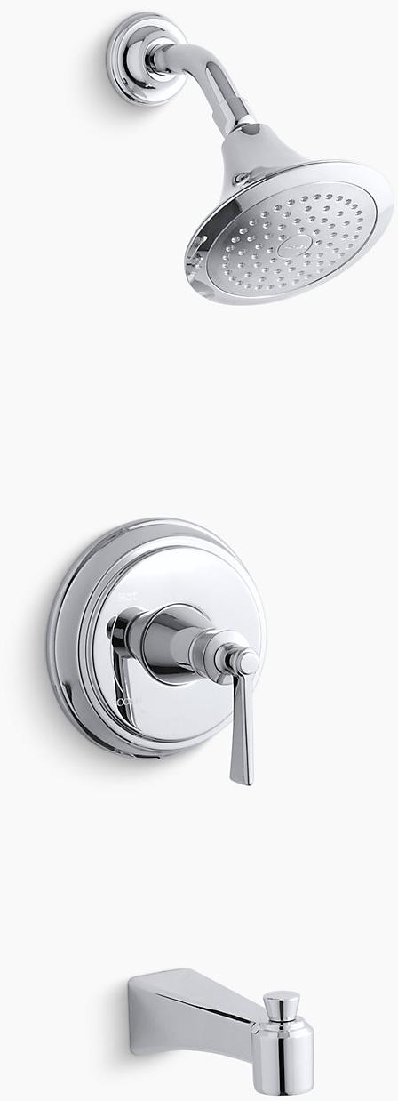 KOHLER Клапан для ванны и душа Archer Rite-Temp с рычажной ручкой, изливом и насадкой для душа 2,5 галлона в минуту K-TS11077-4-CP 