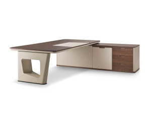 Угловой стол с ящиками из дерева и кожи