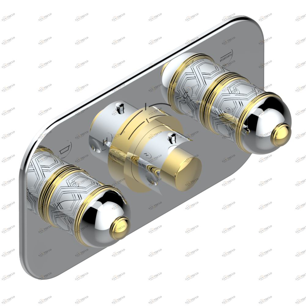 U4E-5401BEH Накладка с ручкой регулировки температуры и двумя маховиками для термостатического смесителя с горизонтальной установкой Thg-paris Duomo Хром/золото U4E 5401BEH CAT.A
