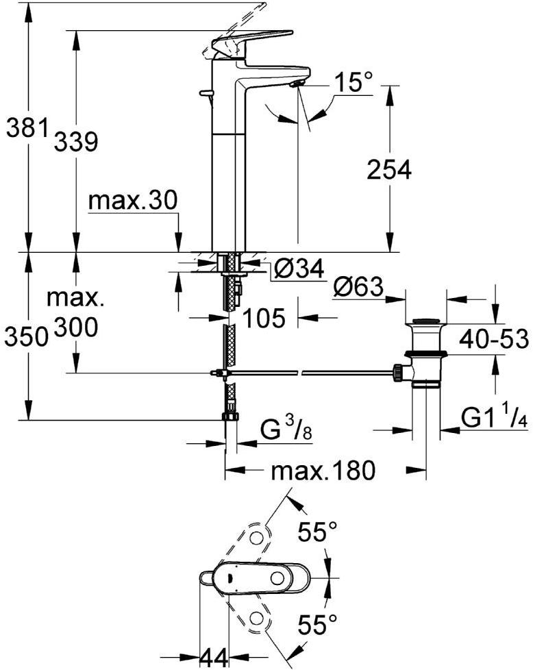 Смеситель для раковины GROHE Europlus с донным клапаном, свободностоящий, хром (32618002) - Вид №1