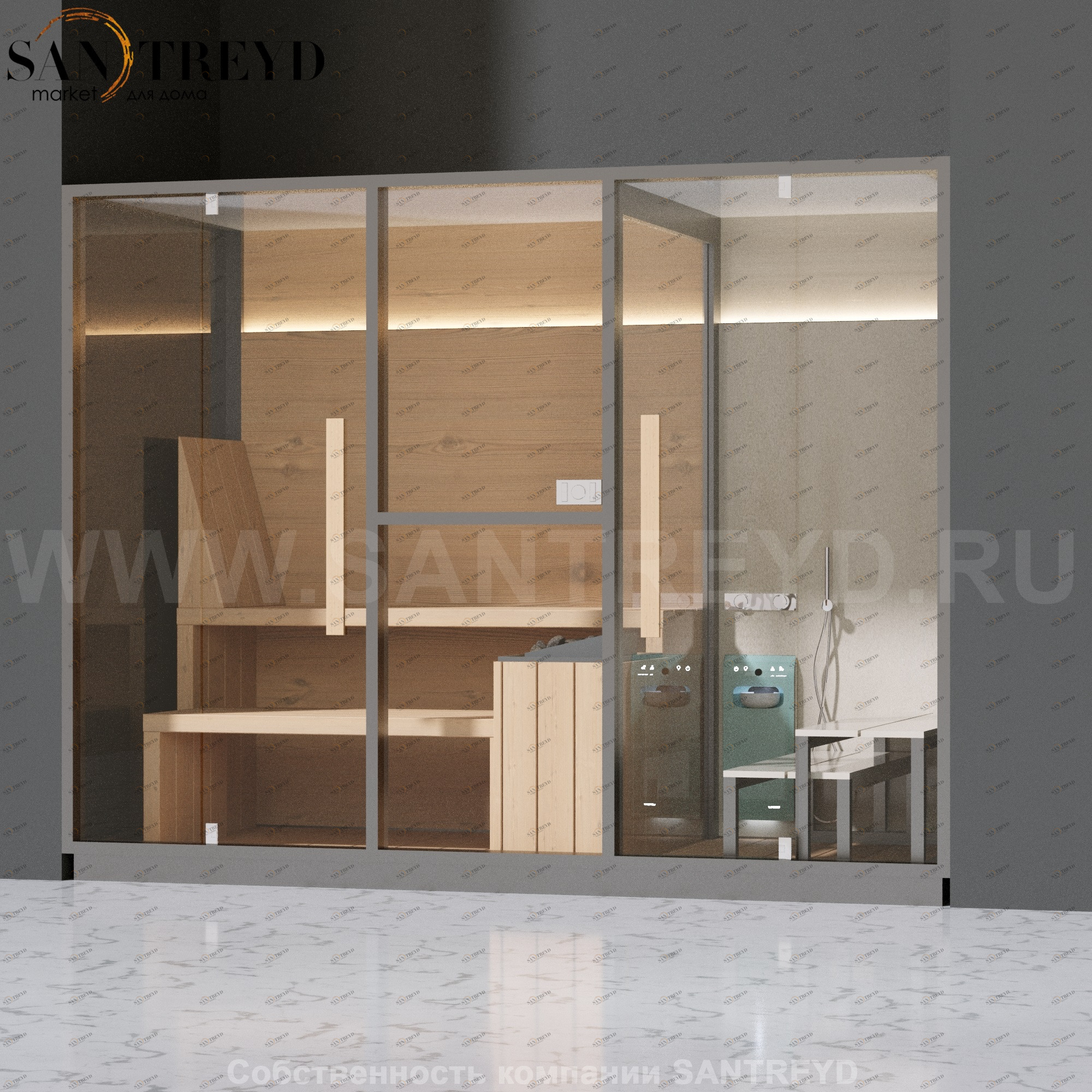 Effegibi MID LO70010004 Комбинированная баня: хаммам - душ и сауна. Установка: в нишу. Мощность: 11 кВт макс. Размеры: длина 300 см, ширина 137 см. Отделка: канадский хемлок, матовый лакированный серый аллюминий и бежевый ламинат из керамогранита.