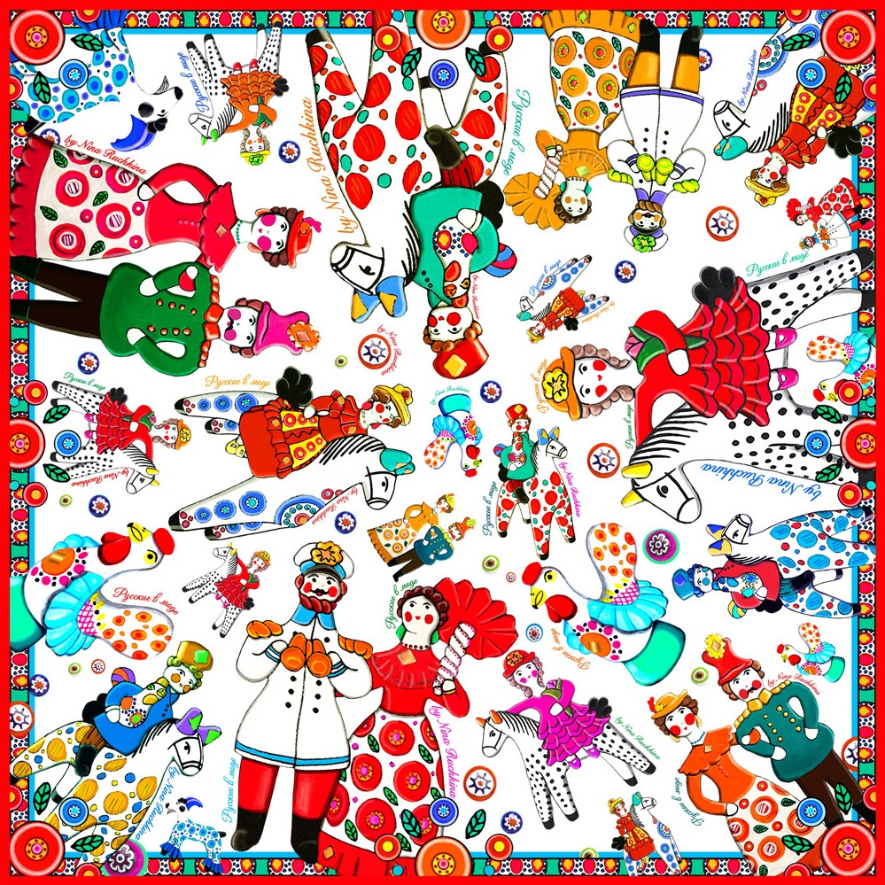 10633879 МД Нины Ручкиной Платок сувенирный "Дымковская игрушка" с ручной подшивкой 90х90см Ткань 