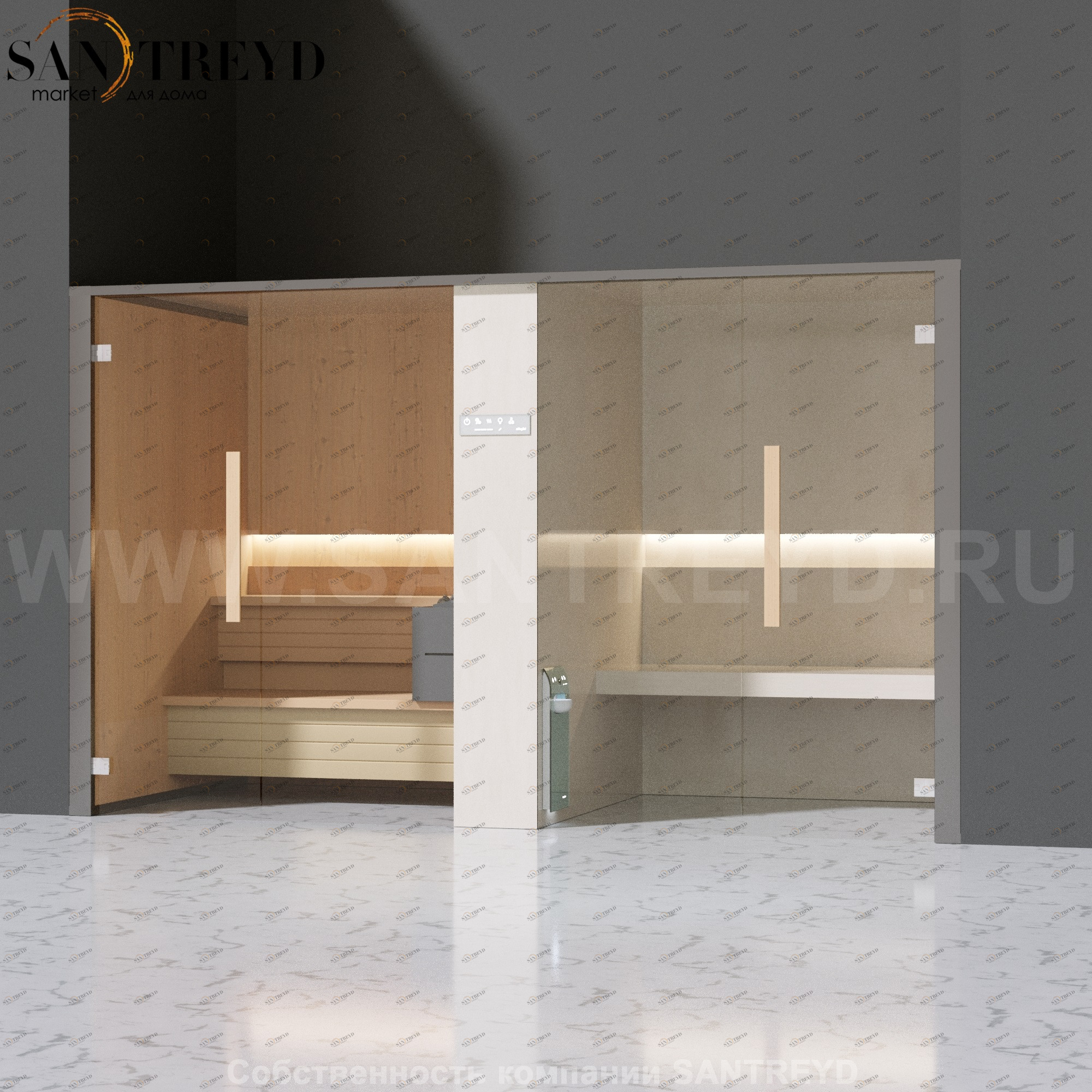 Effegibi LOGICAFILO SH LO41010005 Комбинированная баня: хаммам и сауна. Установка: в нишу. Мощность: 10,5 кВт макс. Размеры: длина 373 см, ширина 171 см. Отделка: канадский хемлок, матовый лакированный серый аллюминий и бежевый ламинат из керамогранита.