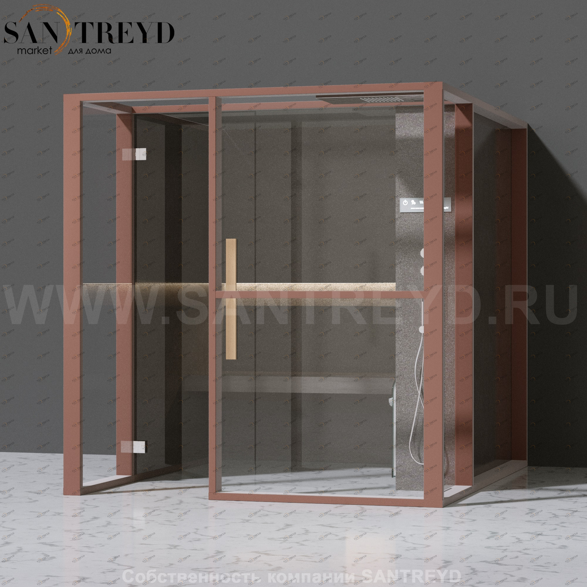 Effegibi LOGICAFILO H LO31030001 Хаммам. Установка: к стене. Правая дверь. Мощность: 4,5 кВт макс. Размеры: длина 214 см, ширина 250 см. Отделка: матовый лакированный коричневый аллюминий и темный ламинат из керамогранита.