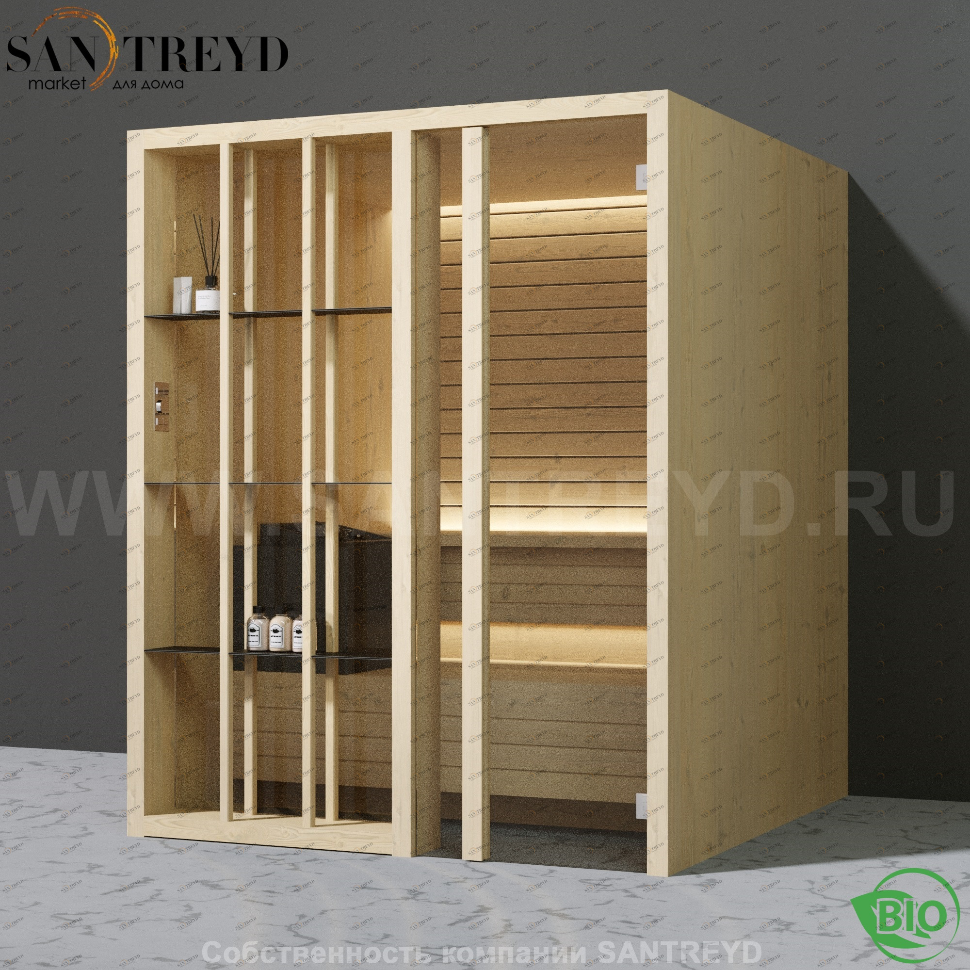 Effegibi YOKU.S60 BI.70100015 Био-сауна с правой дверью. Мощность: 6 кВт макс. Размеры: длина 174 см, ширина 170 см. Отделка: осина термообработанная BI70100015