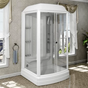 Душевая кабина «ДИАНА 1», поддон на раме-подставке с устройством слива, задняя стенка, крыша, стеклянные шторки (прозрачные), вертикальный душ «Тропический дождь», смеситель, душевая лейка, 3 стеклянные полочки