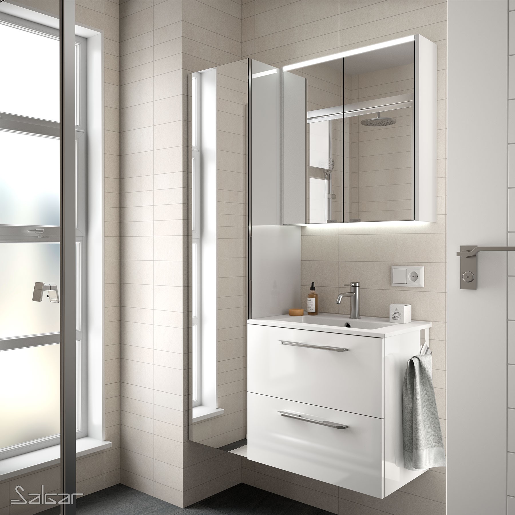 26861 SALGAR Колонна АЛЬЯНС 1600 двусторонняя 1 зеркальная дверца GLOSS WHITE 350 x 1600 x 349 мм Глянцевый белый  - Вид №2