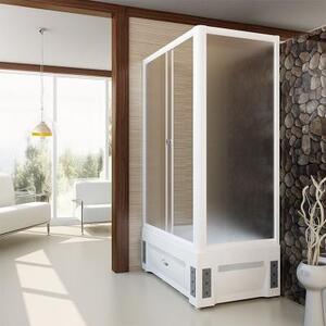 Душевой угол Верчелли (высокий поддон), (правое исполнение), стеклянные шторки (матовые, 1 дверца), поддон на раме-подставке с устройством слива, фронтальная панель, торцевая панель, профиль белый