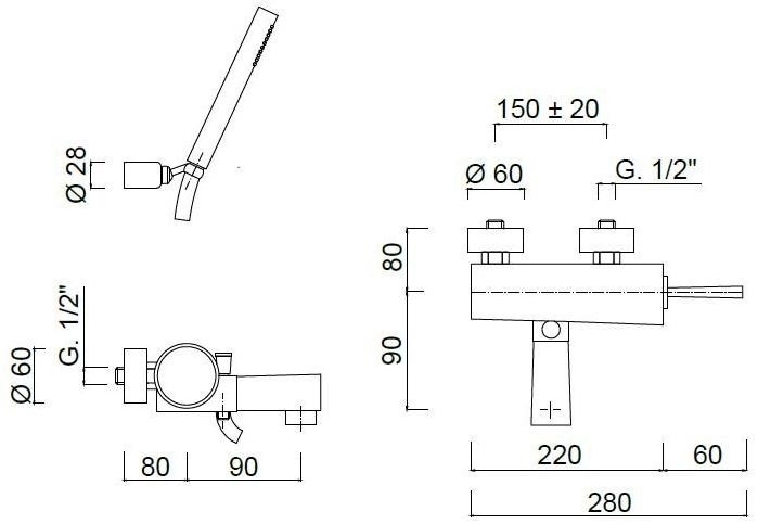 Rubinetteria Giulini Смеситель для ванны с ручным душем на 2 отверстия Quack F9101 - Вид №1