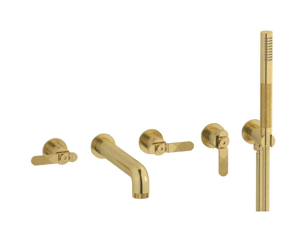 Настенный смеситель для ванной на 5 отверстий с дивертером и душевым гарнитуром. WE ARE IB b2398on Natural Brass Bold