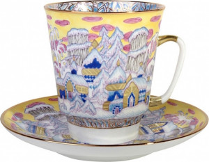 80397 Императорский фарфоровый завод Чашка с блюдцем "Морозный вечер" "Майская" Фарфор костяной
